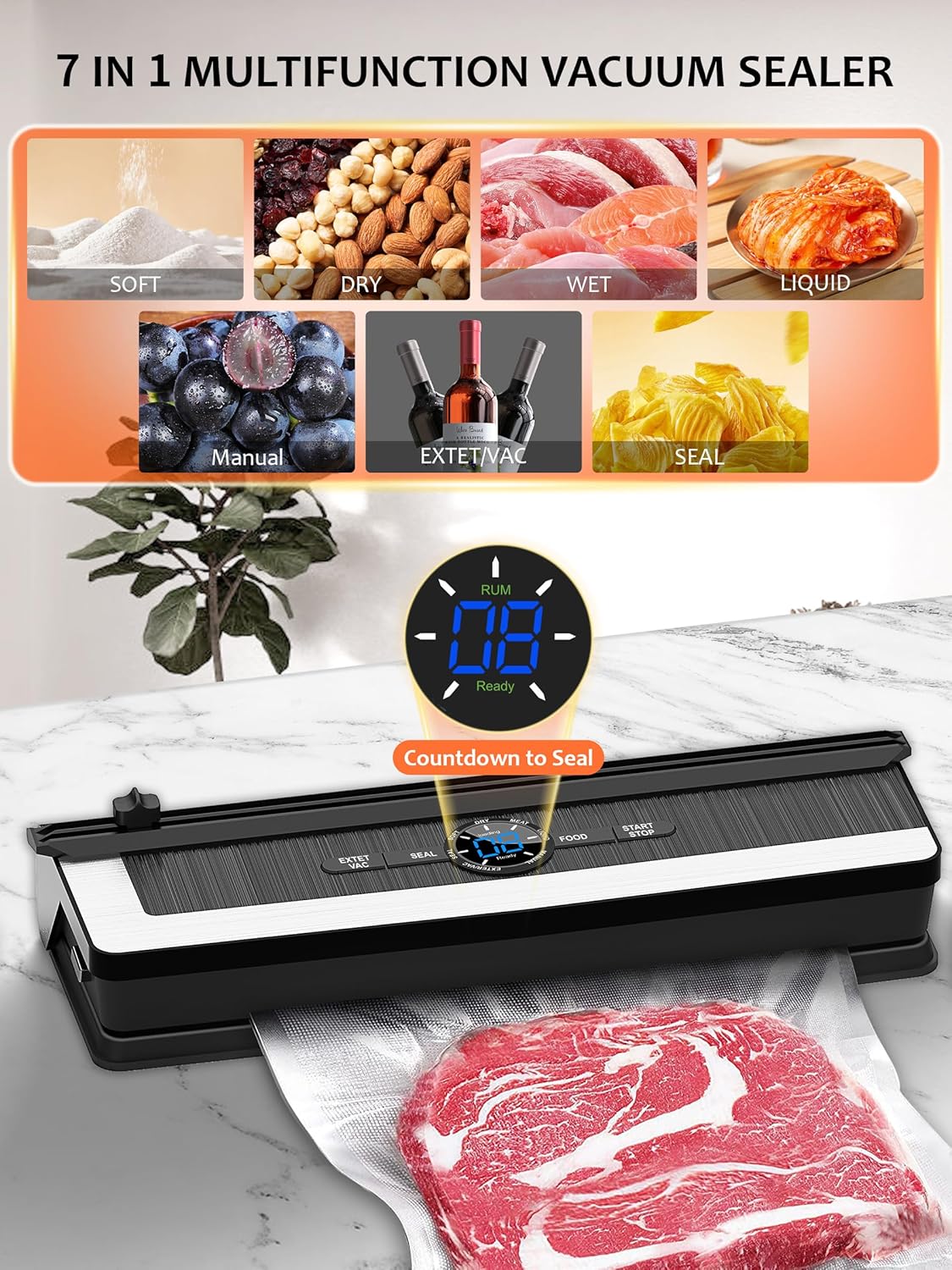 KEROMEE Food Saver Vacuum Sealer, 2-Pump Vacuum Sealer Machine for Sous Vide, Dry/Wet Food Storage, Built-in Cutter | Digital Countdown Display | Easy-to-clean Removable Drip Tray